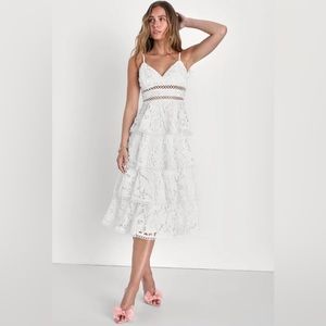 Lulus Constant Admiration White Crochet Lace Tiered Midi Dress
